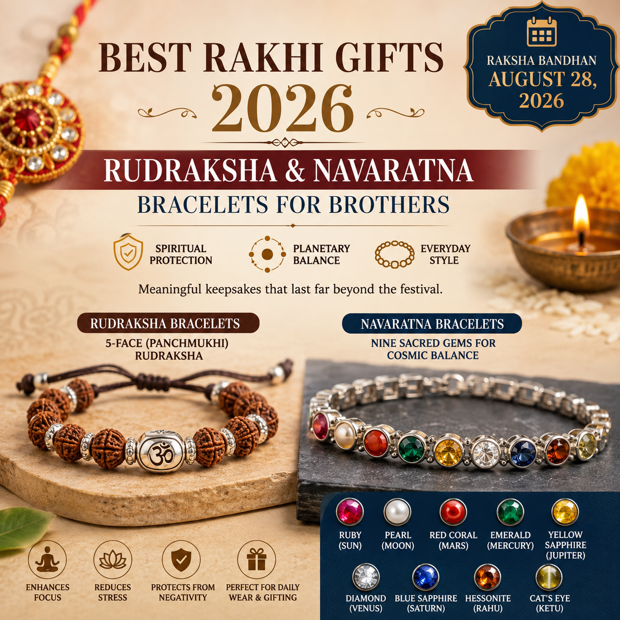 Best Rakhi Gifts 2026: Rudraksha & Navaratna Bracelets for Brothers