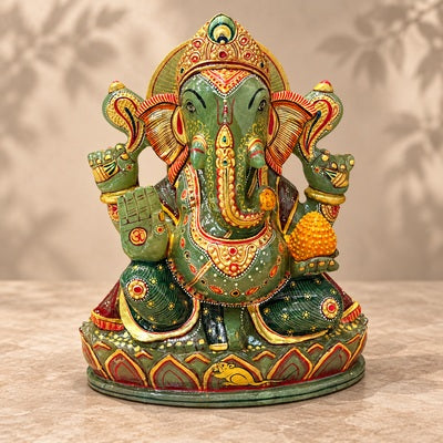 Gold Embosed Green Jade Ganesha | 9.700 Kgs - Himalaya Rudraksha Anusandhan Kendra