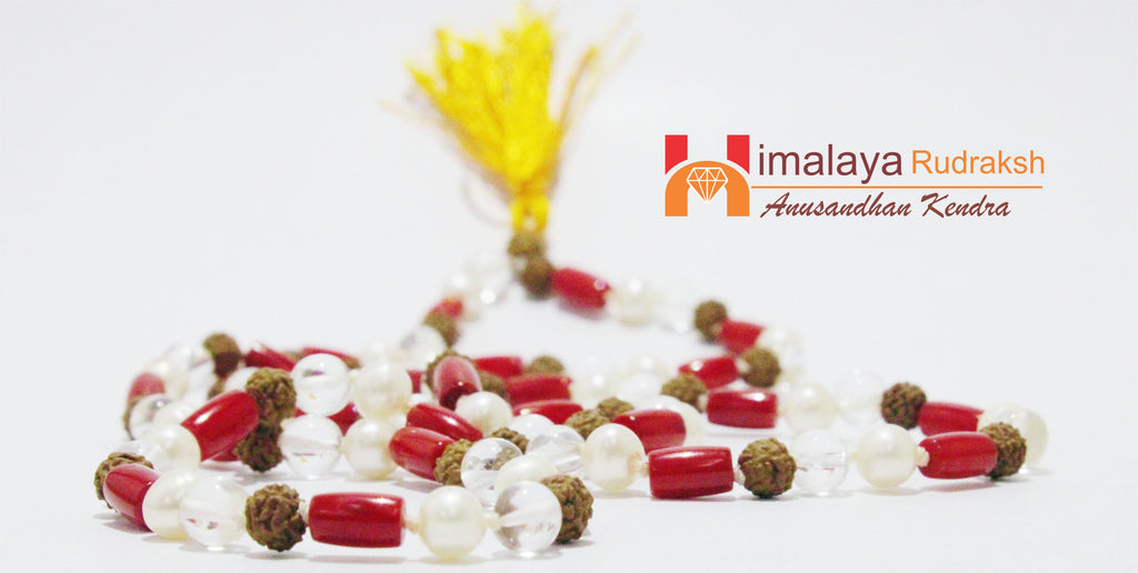 Rudraksha Sphatik Moonga Pearl Mala - himalaya rudraksha anusandhan kendra