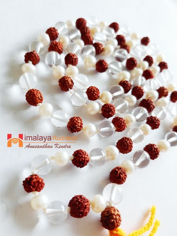 Natural Rudraksha Sphatik Pearl Mala - Himalaya Rudraksha Anusandhan Kendra