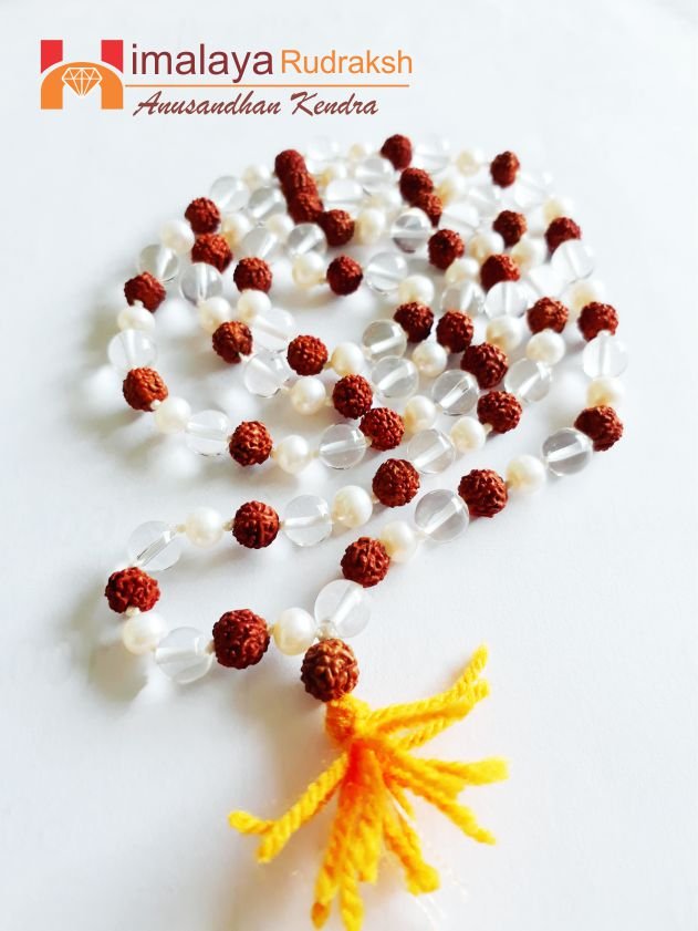 Natural Rudraksha Sphatik Pearl Mala - Himalaya Rudraksha Anusandhan Kendra